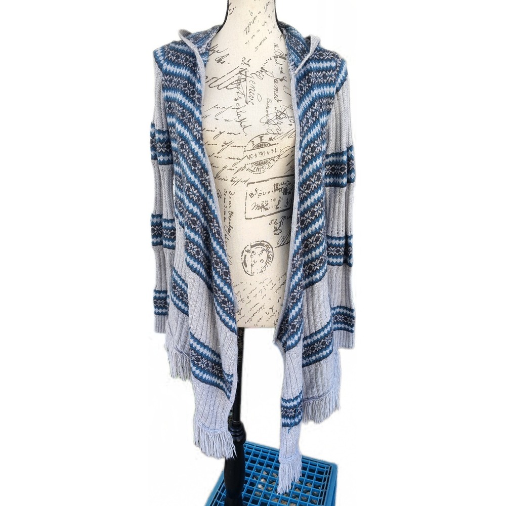 Free People Fair Isle Hoodie Waterfall Cardigan M Womens Fringe Wool Blend Boho